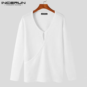 2024 Men T Shirt Solid Color V Neck Long Sleeve Hollow Out Streetwear Tee Tops Knitted Sexy Fashion Casual Men Clothing INCERUN