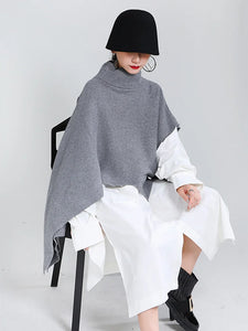 Gray Irregular Big Size Knitting Sweater Poncho Loose Turtleneck Long Sleeve