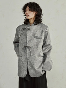 Gray Jacquard Big Size Blazer New Stand Collar Long Sleeve Loose Fit Jacket