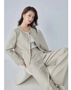 Elegant Office Pant Suit Crop Jacket Elastic Waist Wide Pant Two-piece Suit