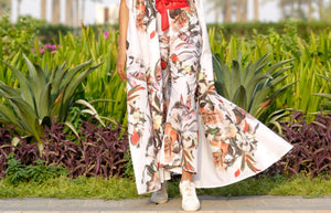 Italian Silk and Cotton White floral design Long  Dress with Trouser by Designer Shereen