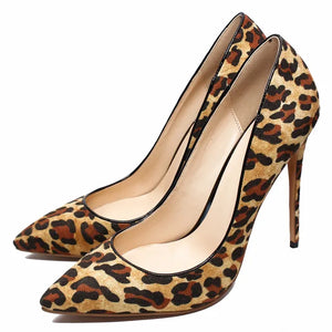 Woman Fashion Designer Leopard Pointed Toe Pumps Women Genuine Leather Thin High Heels Sexy Slip On Female Shoes Big Size D011A