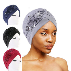 Ladies Sequin Flower Turban Toe Hat Fold