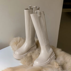 Chimney Boots Thick-soled High Boots White Full Leather Thick Heel Stretch Stovepipe