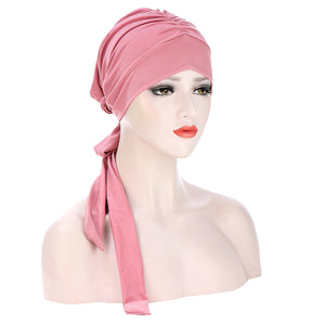 Pure Color Crystal Hemp Long Tail Bow Turban Hat