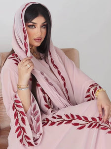 Abbaya with Leaves Embroidered V-neck Kaftan Dress, Elegant Long Sleeve