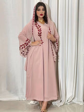 Load image into Gallery viewer, Abbaya with Leaves Embroidered V-neck Kaftan Dress, Elegant Long Sleeve