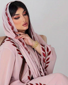 Abbaya with Leaves Embroidered V-neck Kaftan Dress, Elegant Long Sleeve