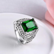 Load image into Gallery viewer, Green Emerald Cut Micro-Pav&#39;e White 14K Gold Plated Cocktail Ring - FUCHEETAH