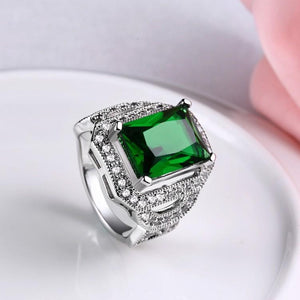 Green Emerald Cut Micro-Pav'e White 14K Gold Plated Cocktail Ring - FUCHEETAH