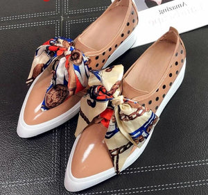 Pot polka dot women's bowtie loafer lace up pointed toe cow leather flat shoes - FUCHEETAH