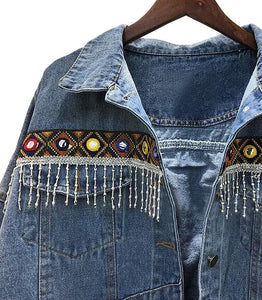 Female Jacket Vintage Embroidery tassel loose long sleeve - FUCHEETAH