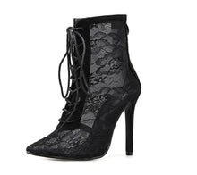 Load image into Gallery viewer, Black Mesh Women&#39;s Boots Pointed Toe Lace-up High Heels - FUCHEETAH