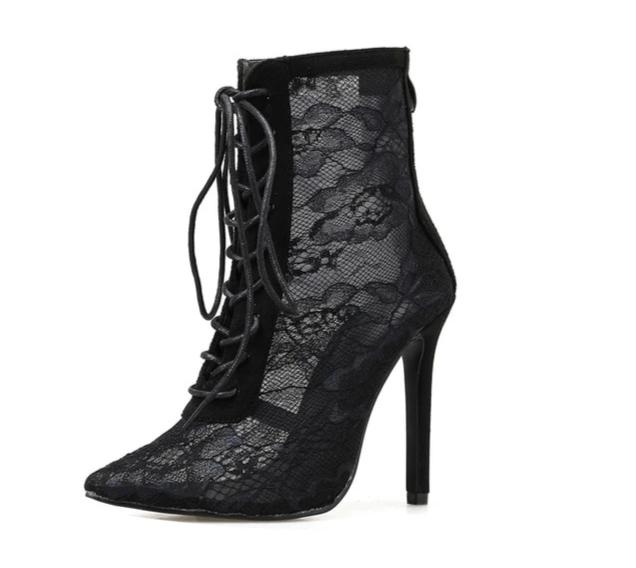 Black Mesh Women's Boots Pointed Toe Lace-up High Heels - FUCHEETAH