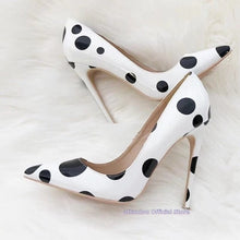 Load image into Gallery viewer, Black Dots Printed Pattern Slip On Women White Thin High Heel  Shoes - FUCHEETAH