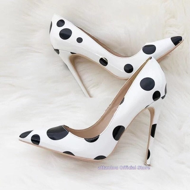 Black Dots Printed Pattern Slip On Women White Thin High Heel  Shoes - FUCHEETAH
