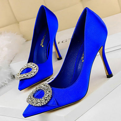 Rhinestone High Heels Women Pumps  Shoes Pointed Toe - FUCHEETAH