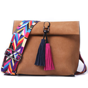 Women Scrub Leather Design Crossbody Bag With Tassel Colorful Strap - FUCHEETAH
