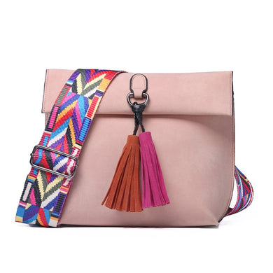 Women Scrub Leather Design Crossbody Bag With Tassel Colorful Strap - FUCHEETAH