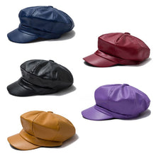 Cargar imagen en el visor de la galería, Retro  Beret Hat PU Leather Solid British Style Flat Top Octagonal Cap - FUCHEETAH