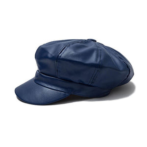 Retro  Beret Hat PU Leather Solid British Style Flat Top Octagonal Cap - FUCHEETAH