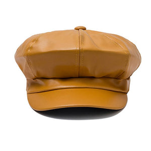 Retro  Beret Hat PU Leather Solid British Style Flat Top Octagonal Cap - FUCHEETAH