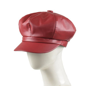 Leather  Cap Quality Fashion Artist PU Leather Female  Octagonal Hat Casual Beret - FUCHEETAH