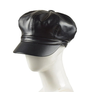 Leather  Cap Quality Fashion Artist PU Leather Female  Octagonal Hat Casual Beret - FUCHEETAH