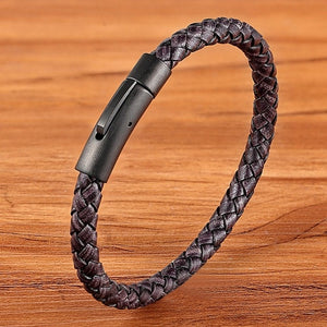 Classic Style Men Leather Bracelet Simple Black Stainless Steel Button Neutral Hand-woven Jewelry - FUCHEETAH