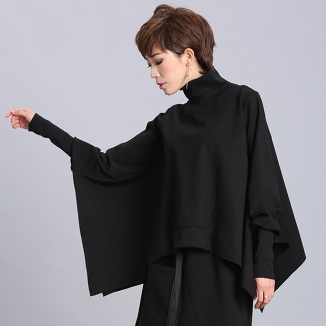 Loose Fit Black Asymmetrical Oversized Sweatshirt Turtleneck Long Sleeve - FUCHEETAH