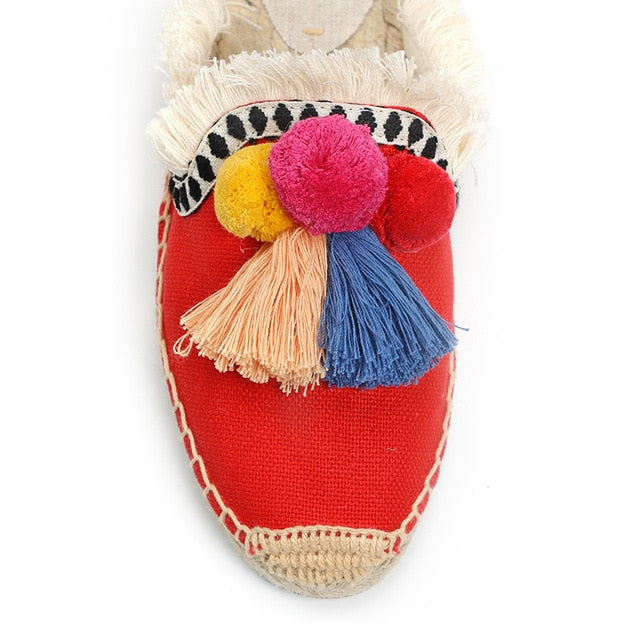 Furry Slippers Women Rubber Hemp Colors Spring Summer Tassel Fluffy Ball Canvas - FUCHEETAH