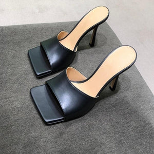 2020 New Summer Women Sandals Square Toe Ladies Heel Mules  Thin High Heels - FUCHEETAH