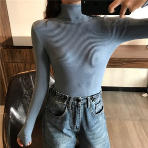 Thick Sweater Knitted Ribbed Long Sleeve Turtleneck Slim - FUCHEETAH