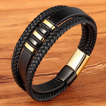 Load image into Gallery viewer, New 3 Layers Black Gold Punk Style Design Genuine Leather Bracelet for Men Steel Magnetic Button Birthday Gift Male Bracelets - FUCHEETAH