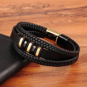 New 3 Layers Black Gold Punk Style Design Genuine Leather Bracelet for Men Steel Magnetic Button Birthday Gift Male Bracelets - FUCHEETAH
