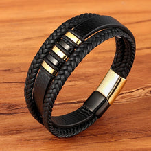 Cargar imagen en el visor de la galería, New 3 Layers Black Gold Punk Style Design Genuine Leather Bracelet for Men Steel Magnetic Button Birthday Gift Male Bracelets - FUCHEETAH
