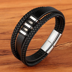 New 3 Layers Black Gold Punk Style Design Genuine Leather Bracelet for Men Steel Magnetic Button Birthday Gift Male Bracelets - FUCHEETAH