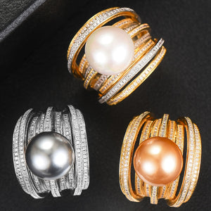Trendy Twist Pearl Rings Cubic Zircon Beads - FUCHEETAH