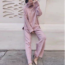 Load image into Gallery viewer, Women tracksuit spring autumn knitted suits 2 piece set warm turtleneck sweater wide legs pants - FUCHEETAH