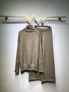 Women tracksuit spring autumn knitted suits 2 piece set warm turtleneck sweater wide legs pants - FUCHEETAH