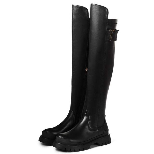 leather platform thigh high boots round toe casual winter shoes