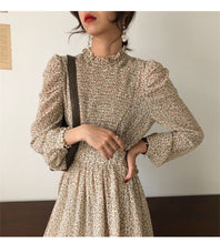 Laden Sie das Bild in den Galerie-Viewer, Collar Ruched Sleeve A-line Dress Women Floral Print Elastic Waist - FUCHEETAH