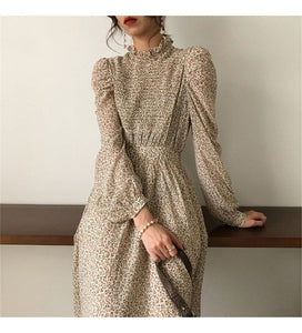 Collar Ruched Sleeve A-line Dress Women Floral Print Elastic Waist - FUCHEETAH