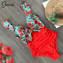 Load image into Gallery viewer, Ruffle One Piece Swimsuit Off The Shoulder Swimwear Deep-V Bathing - FUCHEETAH