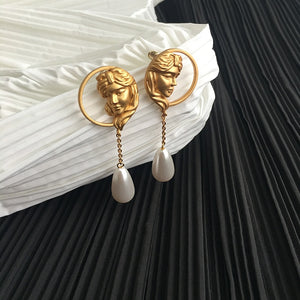 Golden Metal Portrait Pearl Pendant Stud Earrings - FUCHEETAH