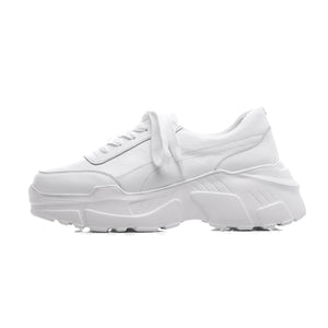 Full grain leather platform streetwear lace up round toe white sneakers