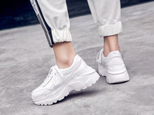 Load image into Gallery viewer, Full grain leather platform streetwear lace up round toe white sneakers