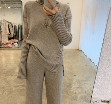 Thicken Knitted 2 Pieces Set Turtleneck tracksuit Set