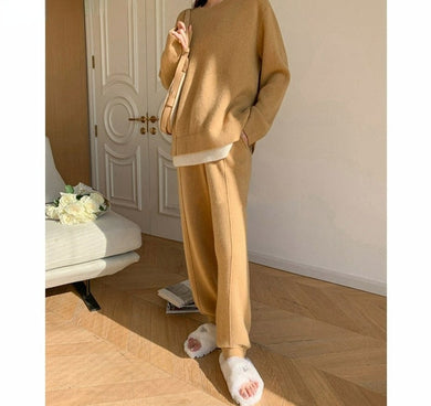 Elegant Ladies Solid Knitted Trousers Set tracksuit