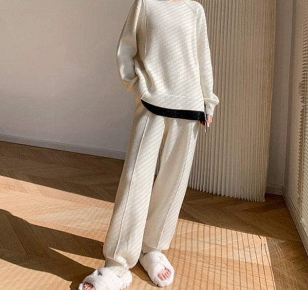 Elegant Ladies Solid Knitted Trousers Set tracksuit